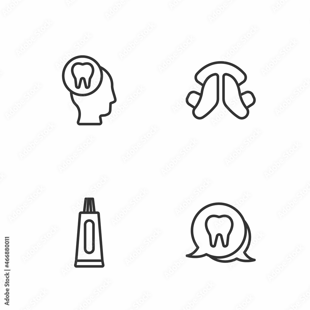 Set line Tooth, Tube of toothpaste, Toothache and Dental plate icon. Vector Set line Tooth, Tube of toothpaste, Toothache and Dental plate icon. Vector