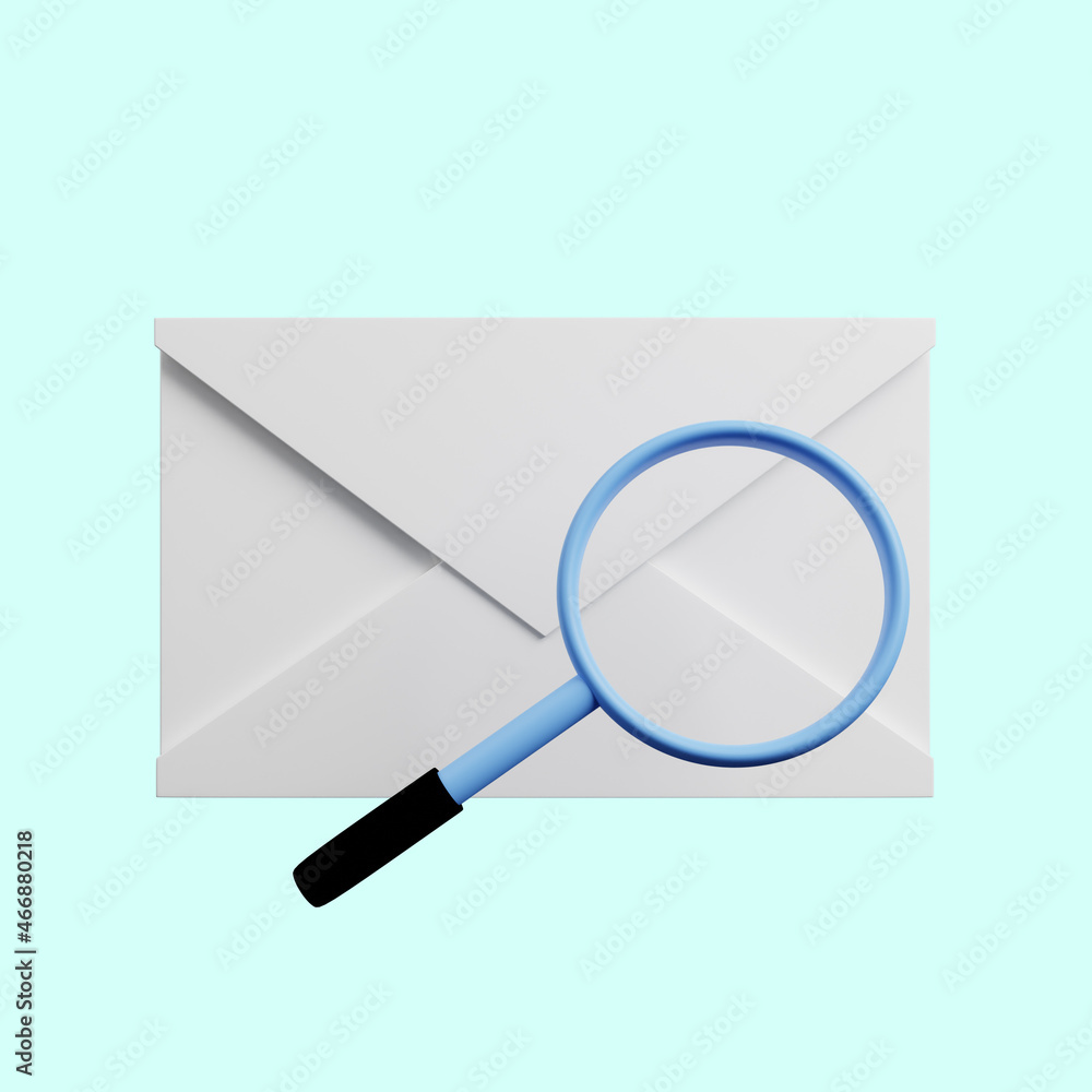 3d illustration of envelope icon with magnifying 3d illustration of envelope icon with magnifying