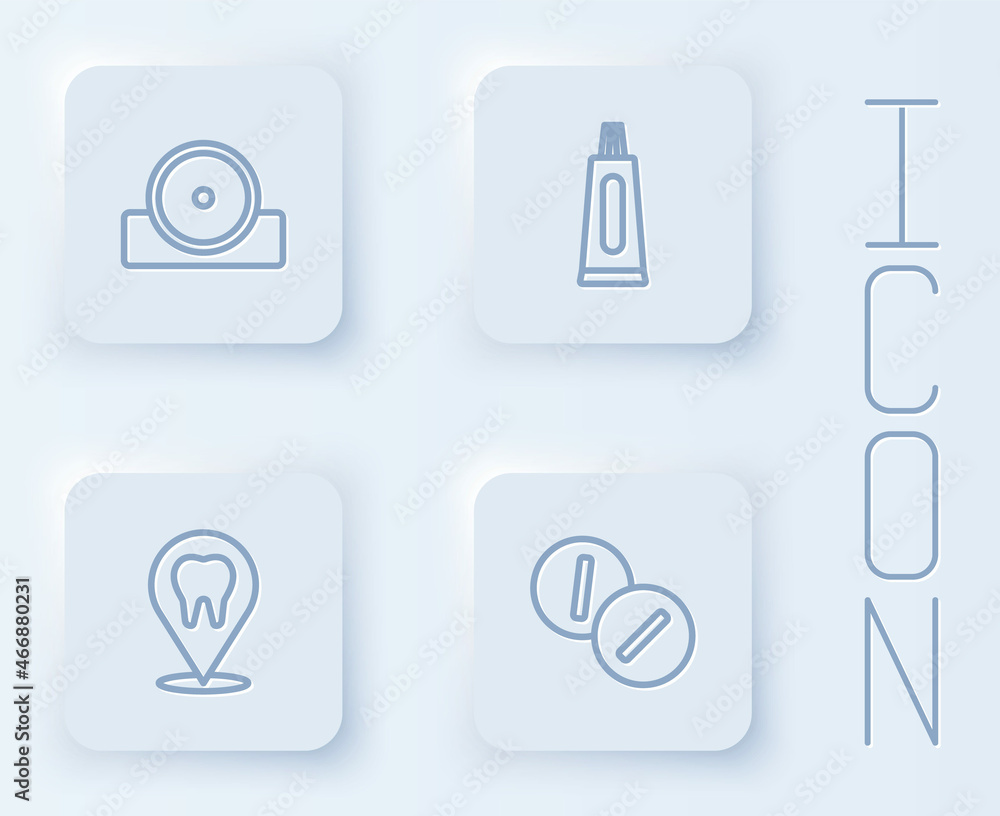 Set line Otolaryngological head reflector, Tube of toothpaste, Dental clinic location and Toothache painkiller tablet. White square button. Vector Set line Otolaryngological head reflector, Tube of toothpaste, Dental clinic location and Toothache painkiller tablet. White square button. Vector