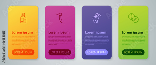 Set line Tooth with caries and drill, Toothache painkiller tablet, Mouthwash and . Business infographic template. Vector