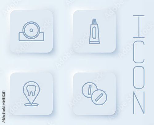Set line Otolaryngological head reflector, Tube of toothpaste, Dental clinic location and Toothache painkiller tablet. White square button. Vector