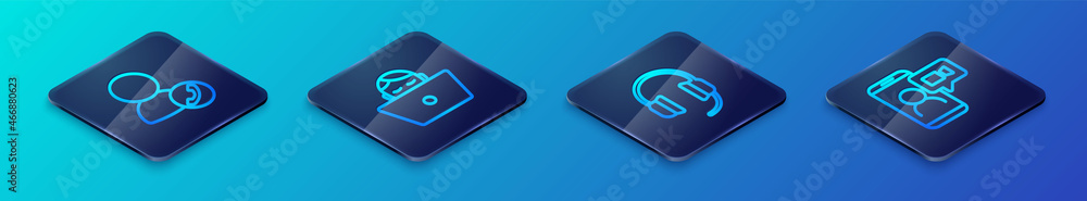 Set Isometric line Headphones, Video chat conference, and Freelancer icon. Vector Set Isometric line Headphones, Video chat conference, and Freelancer icon. Vector