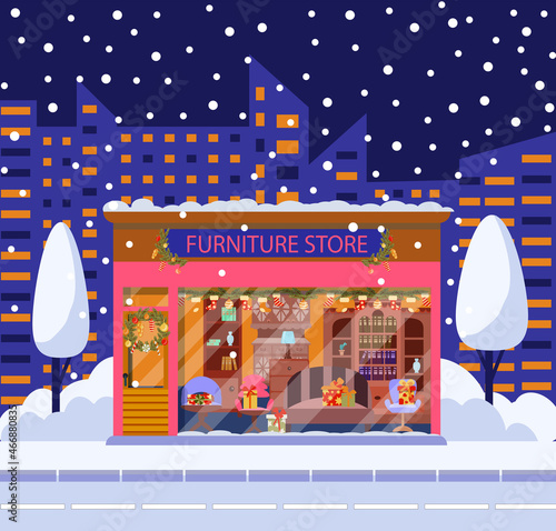 Furniture store in winter, on Christmas Eve. The exterior of the store's facade is decorated for the winter holidays. Entrance to an outdoor store, Christmas decor, lights, cartoon vector illustration