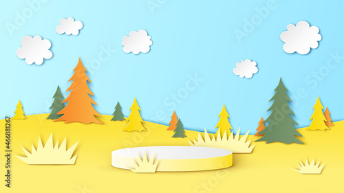 Circle stage podium on Autumn meadow scenery. Autumn meadow scenery. Autumn landscape. paper cut and craft style. vector, illustation