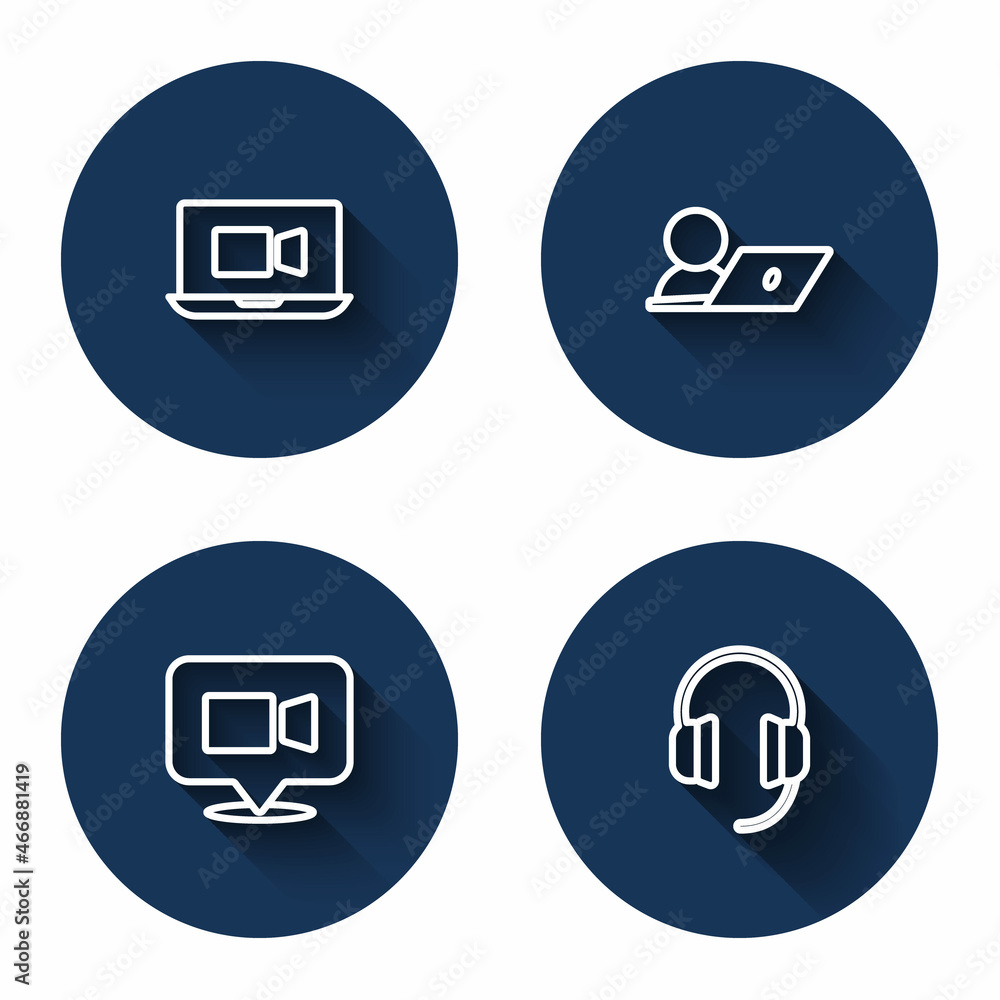 Set line Video chat conference, and Headphones with long shadow. Blue circle button. Vector Set line Video chat conference, and Headphones with long shadow. Blue circle button. Vector
