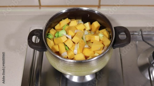 Pumpkin soup preparation. Saucepan with chopped celery and cubed pumpkin