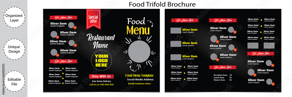 Obraz premium Trifold fast food healthy meal delicious food menu design for restaurant