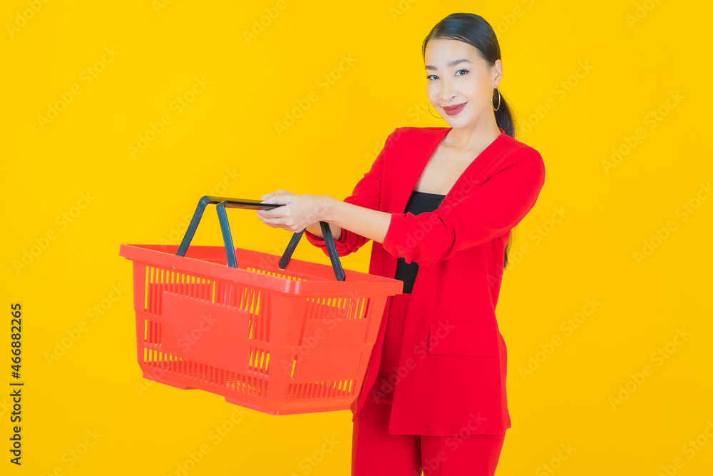 Portrait beautiful young asian woman smile with grocery basket Portrait beautiful young asian woman smile with grocery basket