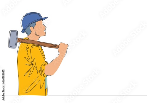One continuous line drawing of young construction builder wearing workman uniform and helmet while holding big hammer. Craftsman home repair service concept. Single line draw design illustration