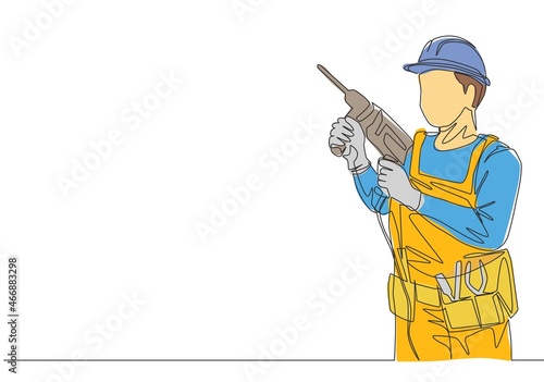 One continuous line drawing of young handyman holding drill machine. Repairman construction maintenance service concept. Single line draw design illustration
