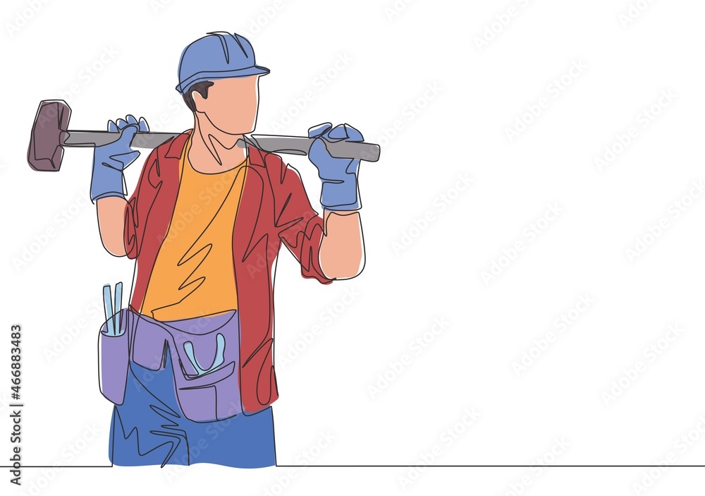 One single line drawing of young construction builder wearing uniform, tools belt and helmet while holding hammer. Craftsman home repair service concept. Continuous line draw design illustration