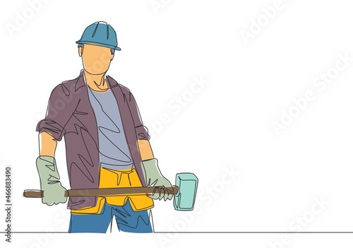 One single line drawing of young construction builder wearing uniform, tools belt and helmet while holding hammer. Craftsman home repair service concept. Continuous line draw design illustration
