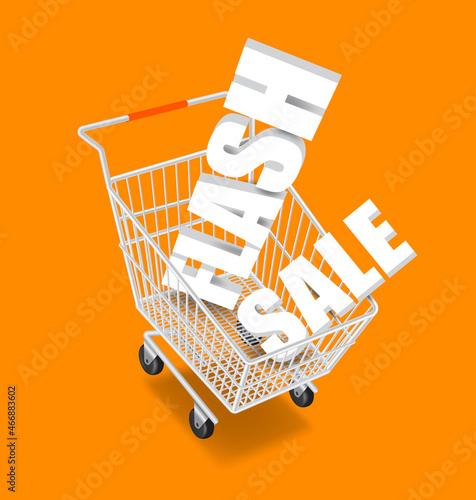  3D FLASH SALE text white put in shopping cart and all floating in mid air,vector 3d  isolated on orange background for advertising promotion sale