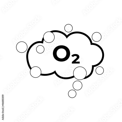 Simple flat black and white vector oxygen icon. Formula O2 on the background of a cloud with bubbles