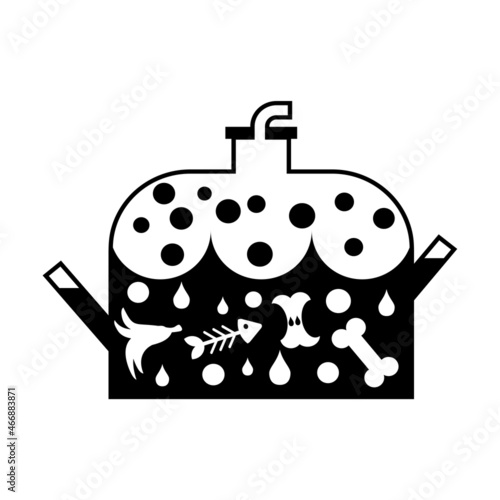 Simple flat black and white Biodigester vector icon. Schematic tank with organic waste (banana peel, apple core, fish skeleton, bone), water and gas bubbles