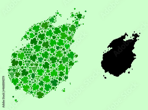 Vector Map of Paros Island. Collage of green grape leaves, wine bottles. Map of Paros Island collage designed from bottles, berries, green leaves. Abstract collage designed for political projects.