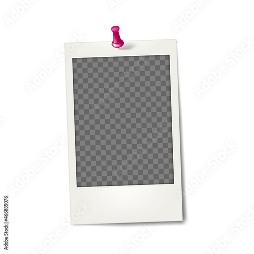 Blank white photo frame with push pin - realistic mockup. Photograph on wall - vector mock-up. Old empty snapshot - template for design