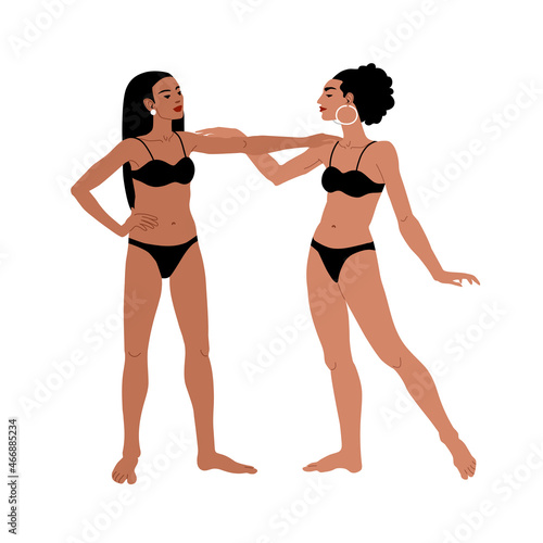 Two pretty brunette models pose in black lingerie. Modern underwear. Girl friends greet each other. Color vector illustration isolated on a white background in cartoon style and flat design.