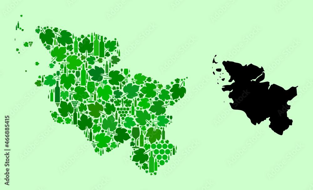 Vector Map of Schleswig-Holstein State. Collage of green grape leaves, wine bottles. Map of Schleswig-Holstein State collage created with bottles, berries, green leaves. Vector Map of Schleswig-Holstein State. Collage of green grape leaves, wine bottles. Map of Schleswig-Holstein State collage created with bottles, berries, green leaves.
