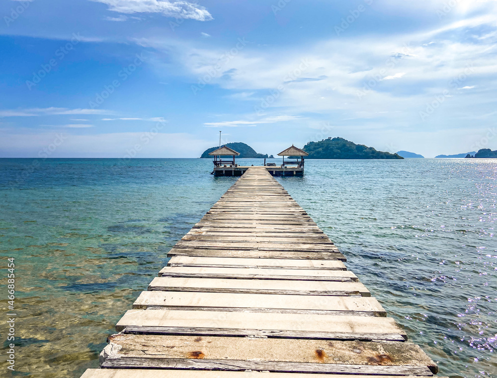 Koh Mak tropical island and its long wooden pier on the sea, near koh Chang, Trat, Thailand