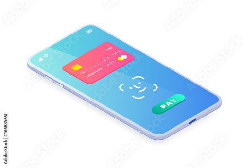 Mobile face id payment isometric vector. 3d Smartphone facial recognition verification. Electronic banking id security system app concept. Biometric identification mobile pay