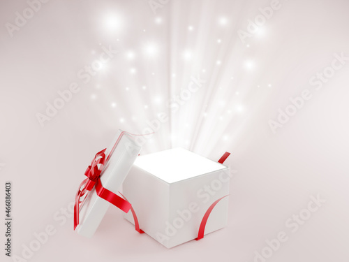Open gift box or gift box with red ribbon and bow isolated on white background with 3d shadow rendering. Festival concept, gift-giving, special day, Christmas, valentines day and celebrations new Year