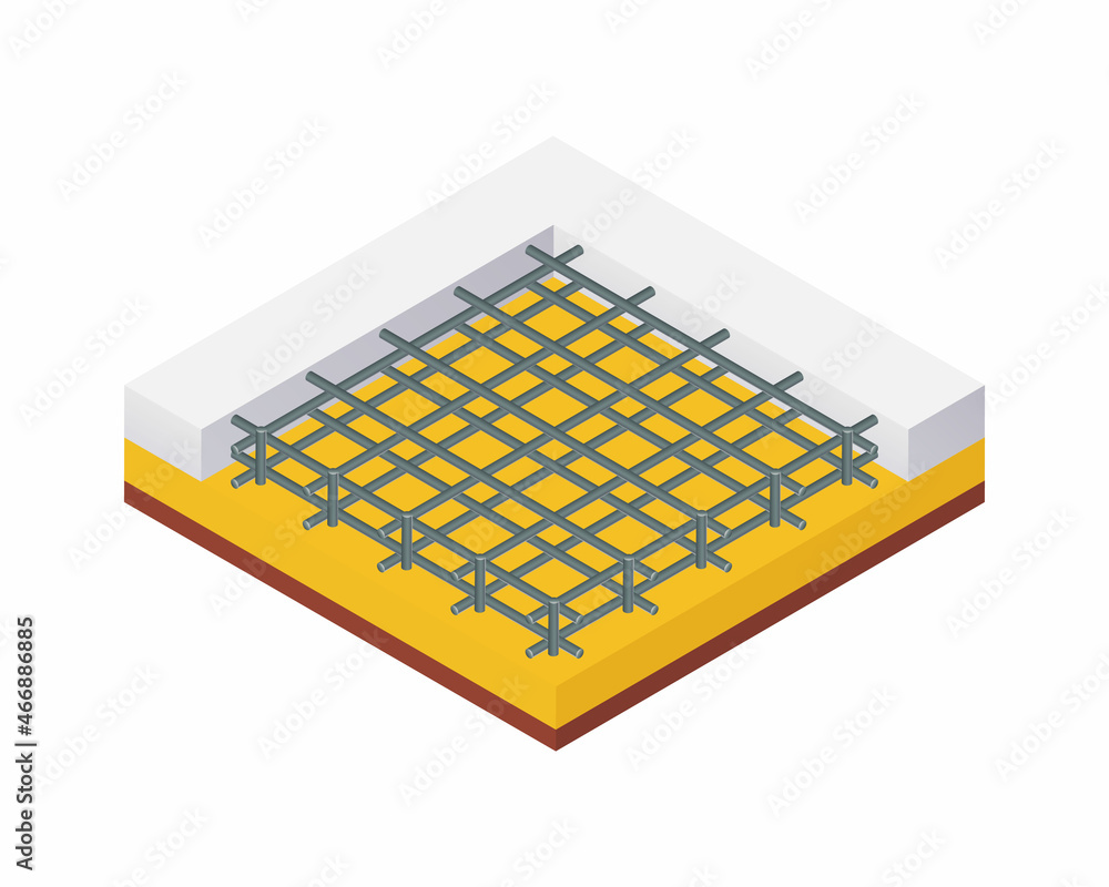 Isometric vector illustration concrete foundation of the building isolated on white background. Realistic foundation icon. Construction site. Reinforced concrete foundation. Isometric vector illustration concrete foundation of the building isolated on white background. Realistic foundation icon. Construction site. Reinforced concrete foundation.