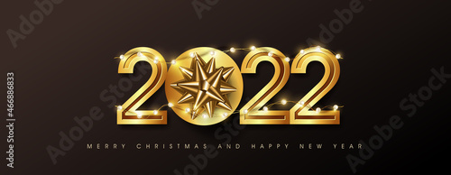 Merry christmas and happy new year 2022 golden text design background Decorated with gift box and glowing light bulb garland