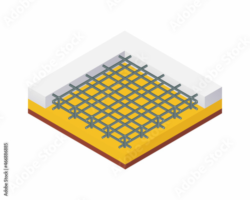 Isometric vector illustration concrete foundation of the building isolated on white background. Realistic foundation icon. Construction site. Reinforced concrete foundation.