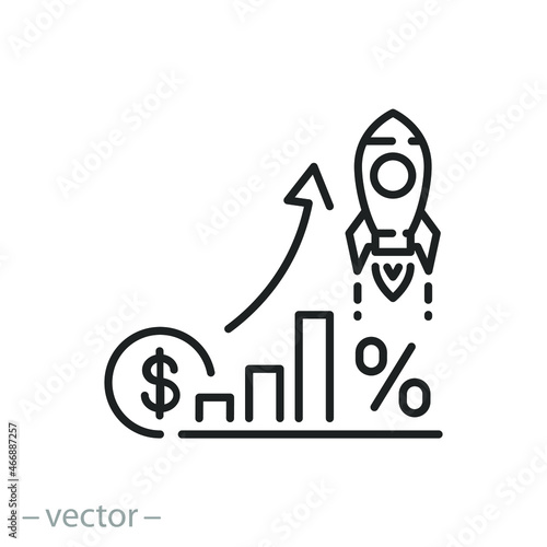 boost sales icon, percentage cost growth, increase fund mutual, fast rise up business, economic profit, financial chart, investment cashback, thin line symbol - editable stroke vector illustration