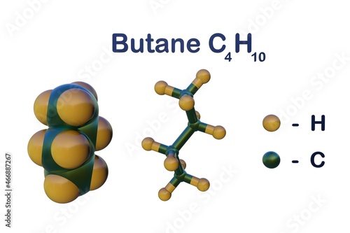 Structural chemical formula and molecular model of butane or n-butane, a highly flammable, colorless, easily liquefied gas that quickly vaporizes at room temperature. 3d illustration photo
