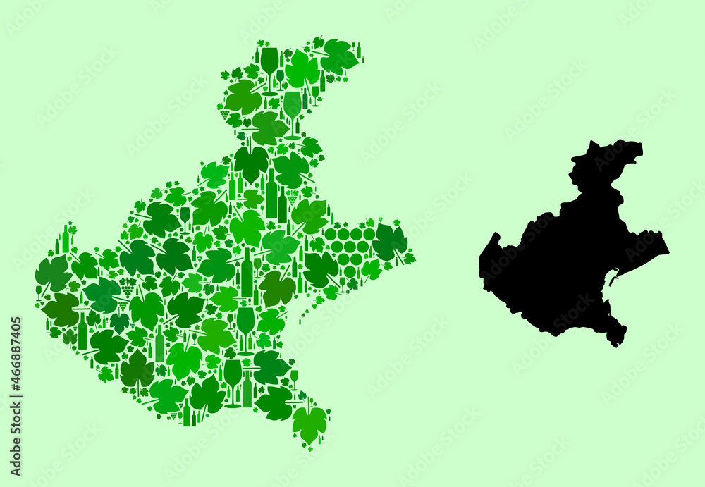Vector Map of Veneto Region. Mosaic of green grape leaves, wine bottles. Map of Veneto region mosaic designed from bottles, berries, green leaves. Vector Map of Veneto Region. Mosaic of green grape leaves, wine bottles. Map of Veneto region mosaic designed from bottles, berries, green leaves.