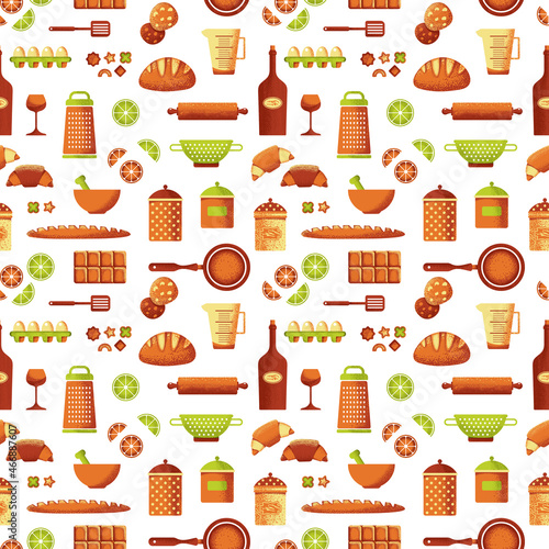 Seamless texture of food icons, bakery, kitchen equipment, utensil. Flat cartoon illustration about food and cooking.