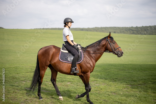 Female horseman riding brown Thoroughbred horse on green meadow in countryside. Concept of rural resting and leisure. Green tourism. Young smiling european woman. Beautiful landscape at sunny day © rh2010