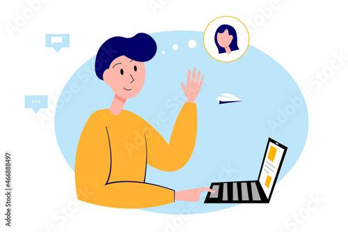 People communicate using social networks. The concept of online education, virtual communication, training, video tutorials. Vector illustration for website banner, presentation, advertising.