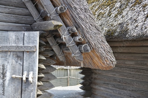 Reed roof of medieval Stilt house in Unteruhldingen at lake Constance in germany - Bodensee photo