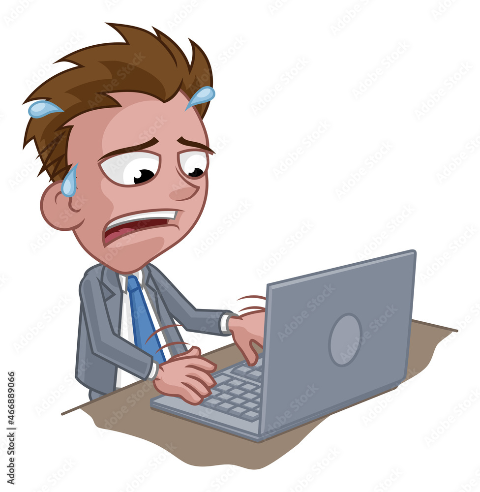 Stressed Anxious Business Man Using Laptop Cartoon Stressed Anxious Business Man Using Laptop Cartoon
