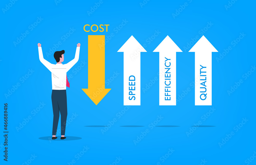 Business optimization concept with arrows symbol. Increased Quality, Efficiency, Speed and Decreased Cost vector illustration Business optimization concept with arrows symbol. Increased Quality, Efficiency, Speed and Decreased Cost vector illustration