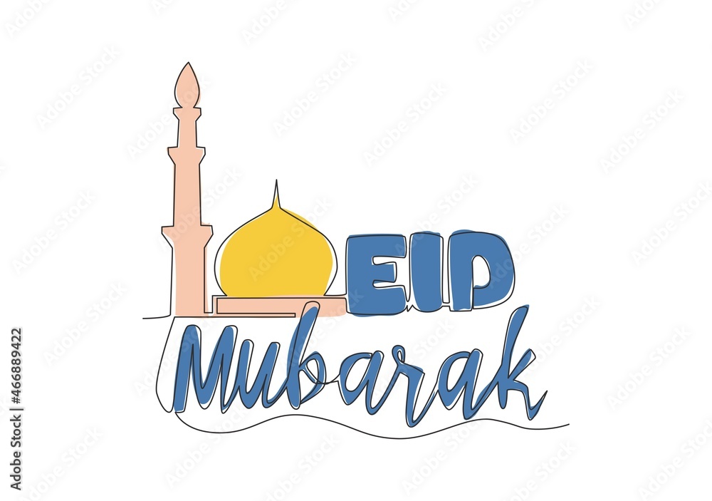One continuous line drawing of Happy Eid Al Fitr Mubarak and Ramadan Kareem concept. Islamic holiday calligraphic design for print, greeting card, banner, poster. Single line draw design illustration One continuous line drawing of Happy Eid Al Fitr Mubarak and Ramadan Kareem concept. Islamic holiday calligraphic design for print, greeting card, banner, poster. Single line draw design illustration