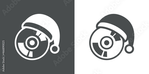 Canción de navidad. CD, DVD. Logotipo con disco compacto con sombrero de Papá Noel en fondo gris y fondo blanco