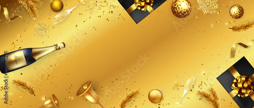 Merry Christmas and Happy New Year background. Celebration background template Champaign with ribbons. luxury greeting rich card.