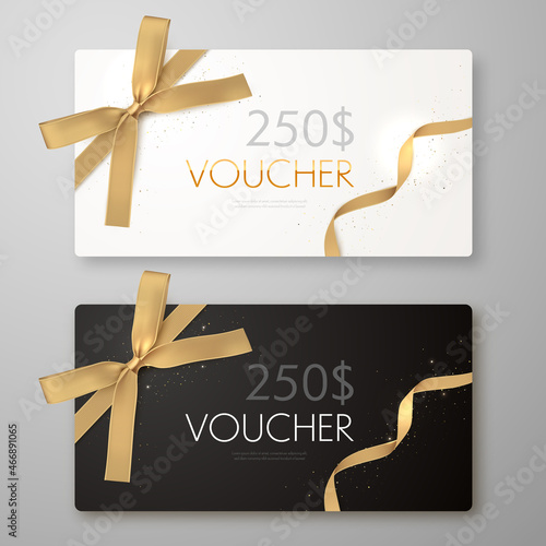 Gift voucher with gold ribbon and bow. Discount luxury coupon. Vector illustration