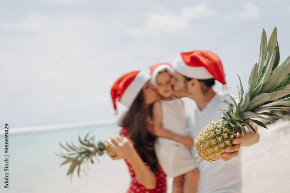 Christmas tropical vacaton, Blurred family in santa hats show pineapple fruits to the camera