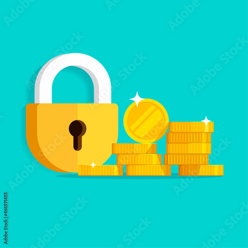 Lock money as bank deposit secure protection and fraud prevention vector or financial safety insurance and privacy access concept flat cartoon icon, cash with padlock as accessibility closed