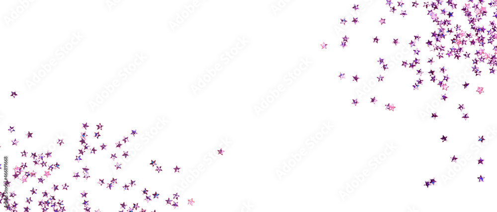 Violet confetti in the form of stars isolated on white banner. Festive day backdrop. Flat lay style with minimalistic design. Template for banner or party invitation