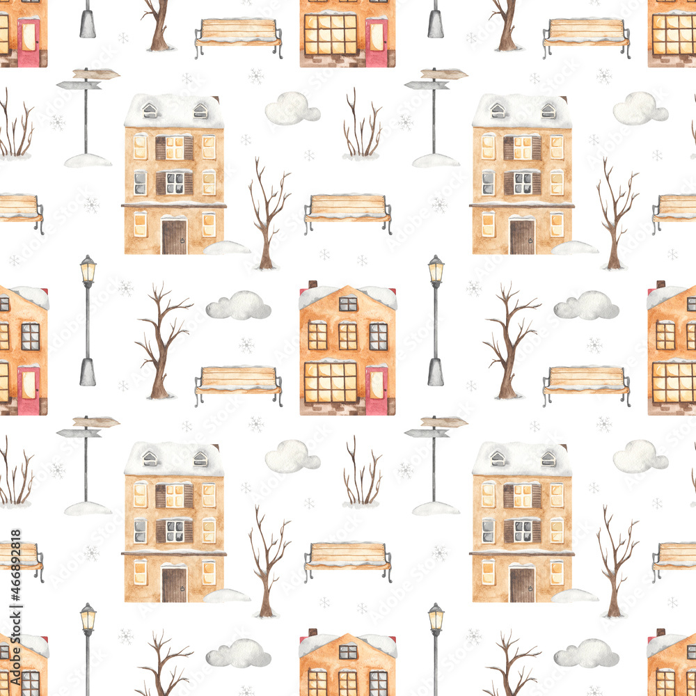 Watercolor seamless pattern with winter city with European houses, streets, trees, lanterns, snowflakes, benches on a white background