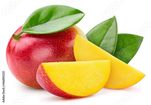 Ripe mango with leaves. Organic mango isolated on white background. Taste mango with leaf. With clipping path.