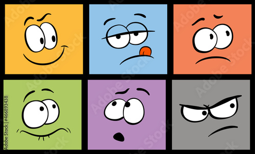 Set of cartoon face expression. Comic face expressions. Funny expressive faces with different emotions: joy, fear, astonishment and curiosity. Isolated icons set.