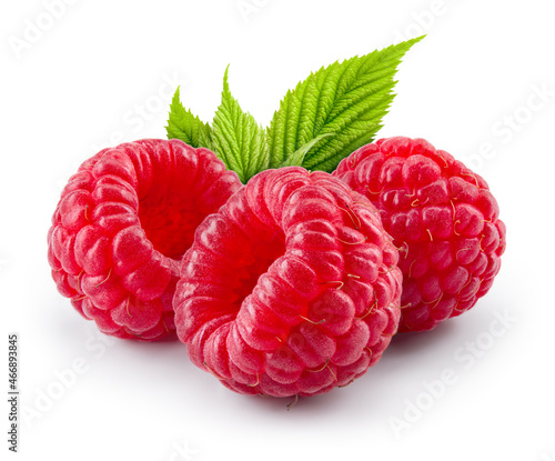 Raspberry isolated. Red raspberries with green leaf isolate. Raspberry with leaves isolated on white. With clipping path. Full depth of field.