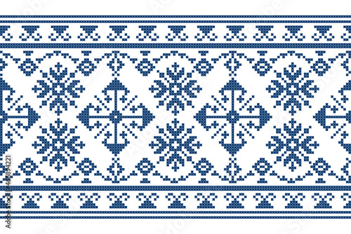 Zmijanski vez traditional cross stitch style vector seamless pattern - long horizontal design inspired by folk art from Bosnia and Herzegovina 